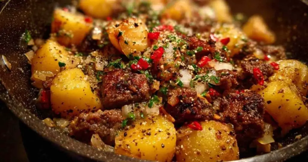 Poêlée Bœuf Patates 1 Assiette de poêlée bœuf patates servie avec persil frais