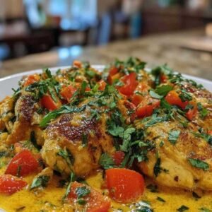 Poulet Coco Antillais Facile 3 Gros plan sur une cocotte où mijote le poulet coco antillais, avec la sauce qui commence à épaissir.