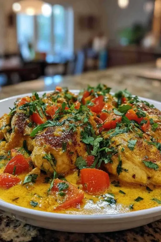Poulet Coco Antillais Facile 2 Gros plan sur une cocotte où mijote le poulet coco antillais, avec la sauce qui commence à épaissir.