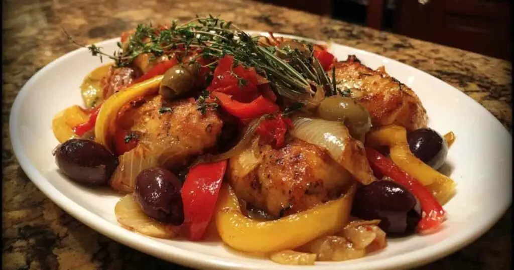 Poulet Provençal Facile 1 Ingrédients frais pour la recette du poulet provençal disposés sur un plan de travail.