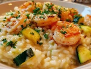 Plat de risotto crémeux aux crevettes et courgettes dans une assiette blanche, garni de persil.