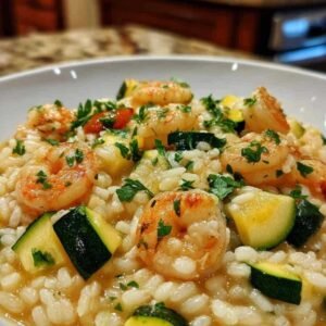 Risotto Crevettes Courgettes Facile 3 Ingrédients pour le risotto crevettes courgettes étalés sur un plan de travail en bois.