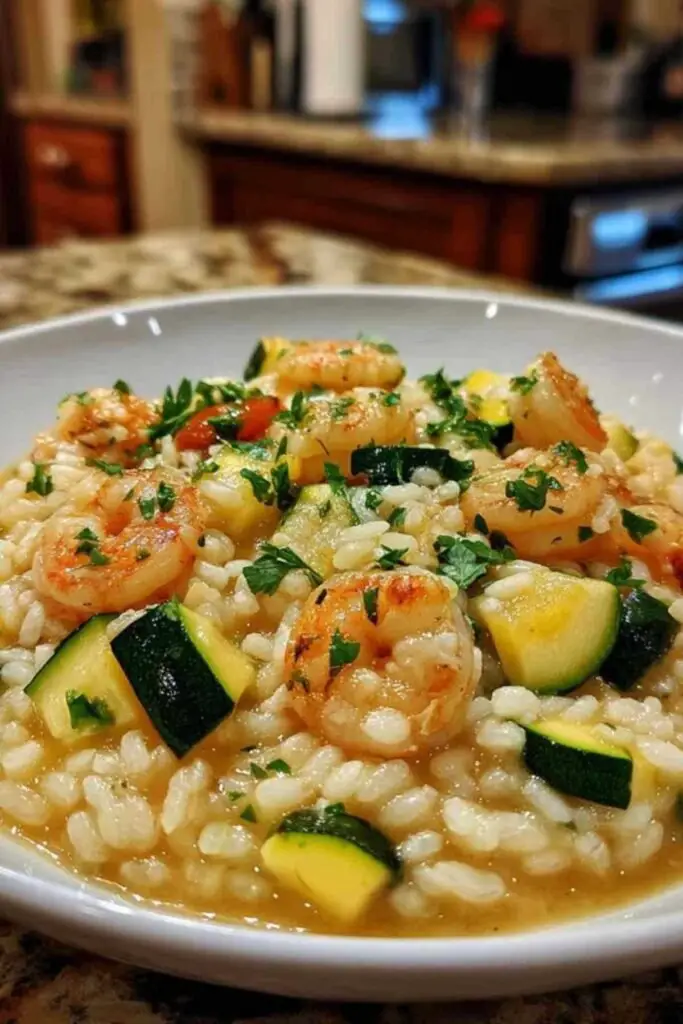 Risotto Crevettes Courgettes Facile 2 Ingrédients pour le risotto crevettes courgettes étalés sur un plan de travail en bois.