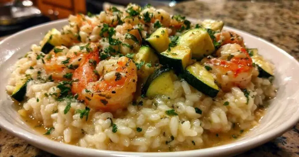 Risotto Crevettes Courgettes Facile 1 Main ajoutant une louche de bouillon à un risotto en cours de cuisson dans une cocotte.