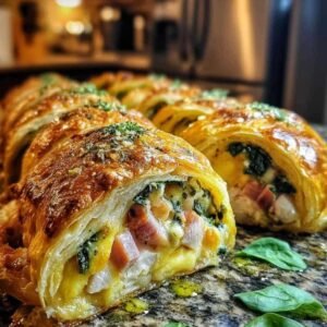 Roulé feuilleté au poulet cru, badigeonné d'œuf et prêt à être enfourné sur une plaque de cuisson.