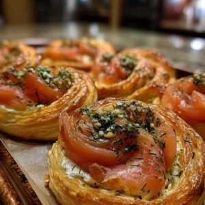 Roulés Saumon Fumé Feuilletés 3 Les roulés saumon fumé feuilletés crus, disposés sur une plaque de cuisson et badigeonnés de jaune d'œuf avant d'être enfournés.