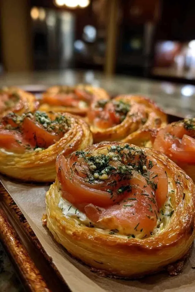 Roulés Saumon Fumé Feuilletés 2 Les roulés saumon fumé feuilletés crus, disposés sur une plaque de cuisson et badigeonnés de jaune d'œuf avant d'être enfournés.
