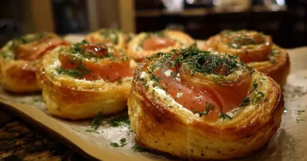 Roulés Saumon Fumé Feuilletés 1 Un plat de service présentant les roulés saumon fumé feuilletés dorés et croustillants, prêts à être dégustés pour l'apéritif.
