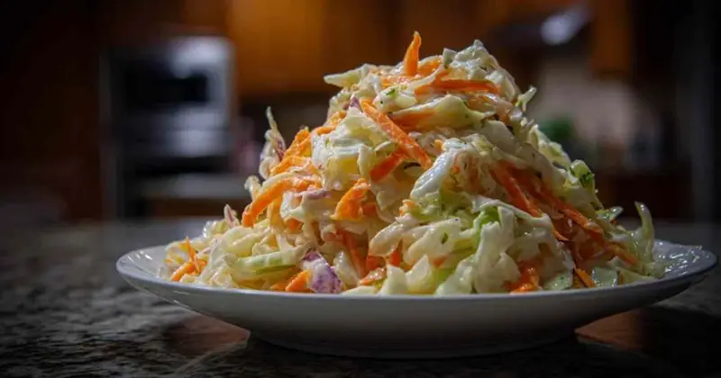 Salade coleslaw maison dans un bol blanc avec chou émincé et carottes râpées