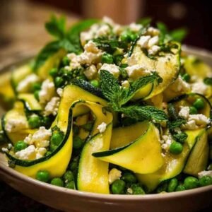 Salade de courgettes crues & Feta 3 Main utilisant un économe pour créer de fins rubans de courgette fraîche.