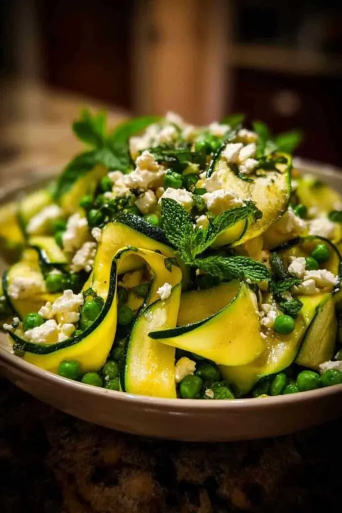 Salade de courgettes crues & Feta 2 Main utilisant un économe pour créer de fins rubans de courgette fraîche.