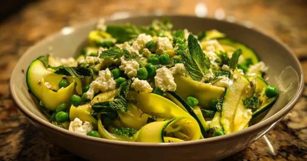Salade de courgettes crues & Feta 1 Ingrédients frais pour la salade de courgettes disposés sur un plan de travail.