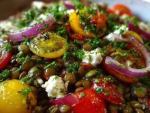 Salade de lentilles aux tomates cerises et feta dans un saladier blanc
