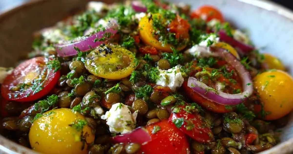 Salade de lentilles aux tomates cerises et feta dans un saladier blanc