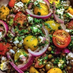 Salade de Lentilles 3 Ingrédients pour salade de lentilles disposés sur plan de travailMise en scène soignée de tous les ingrédients nécessaires : lentilles vertes crues, tomates cerises fraîches, feta émiettée, oignon rouge, persil, huile d'olive et vinaigre arrangés harmonieusement.