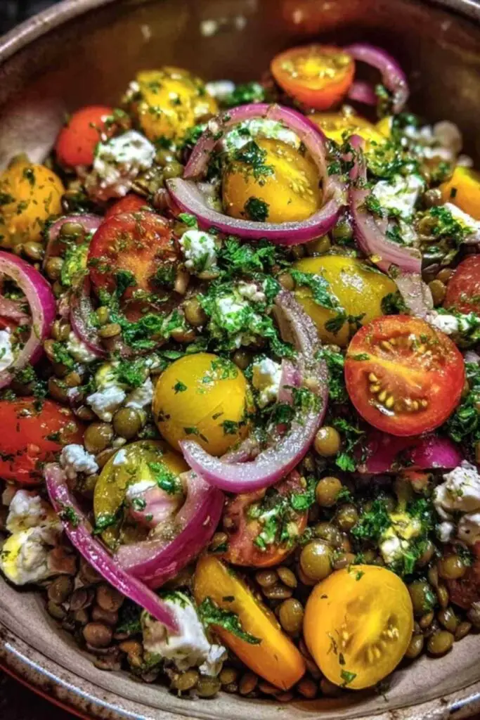 Salade de Lentilles 2 Ingrédients pour salade de lentilles disposés sur plan de travailMise en scène soignée de tous les ingrédients nécessaires : lentilles vertes crues, tomates cerises fraîches, feta émiettée, oignon rouge, persil, huile d'olive et vinaigre arrangés harmonieusement.