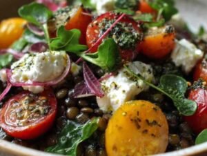 Salade de lentilles vertes saine avec feta, tomates cerises et persil dans un saladier blanc, vue de dessus.