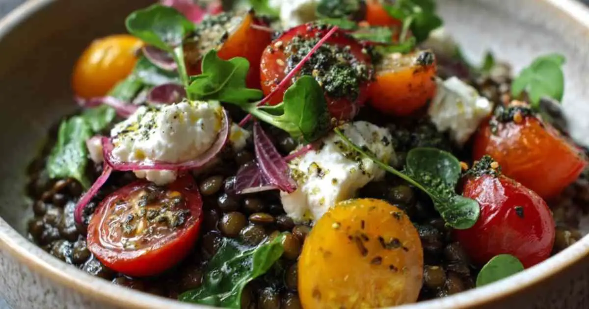 Salade de lentilles vertes saine avec feta, tomates cerises et persil dans un saladier blanc, vue de dessus.