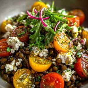 Salade de lentilles vertes 3 Ingrédients pour la recette de salade de lentilles : lentilles vertes, feta, tomates cerises, échalote, persil.