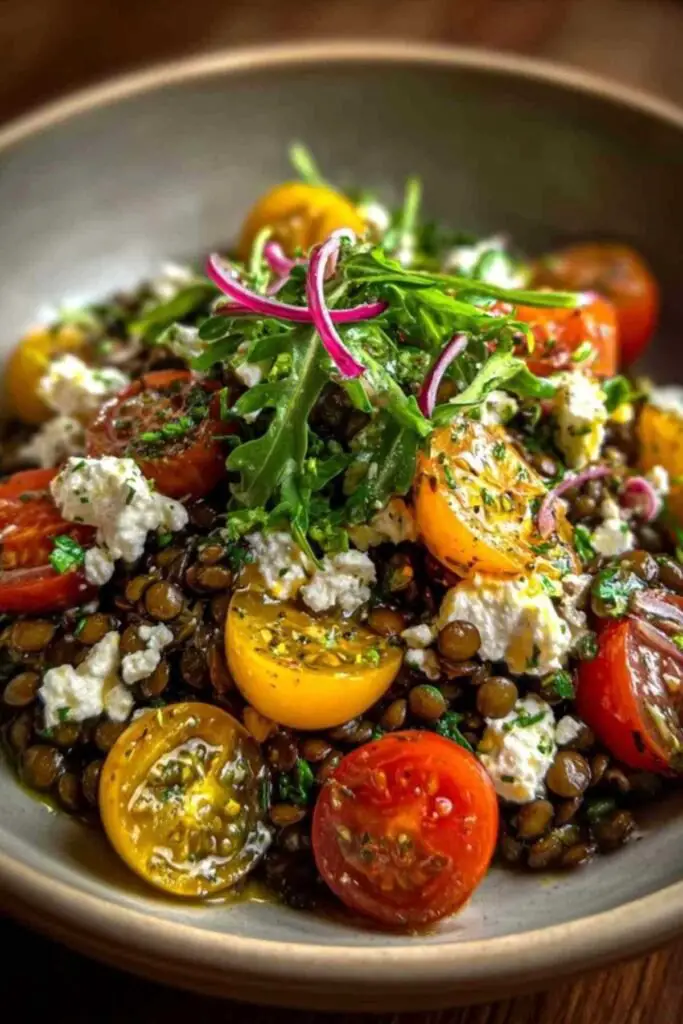 Salade de lentilles vertes 2 Ingrédients pour la recette de salade de lentilles : lentilles vertes, feta, tomates cerises, échalote, persil.