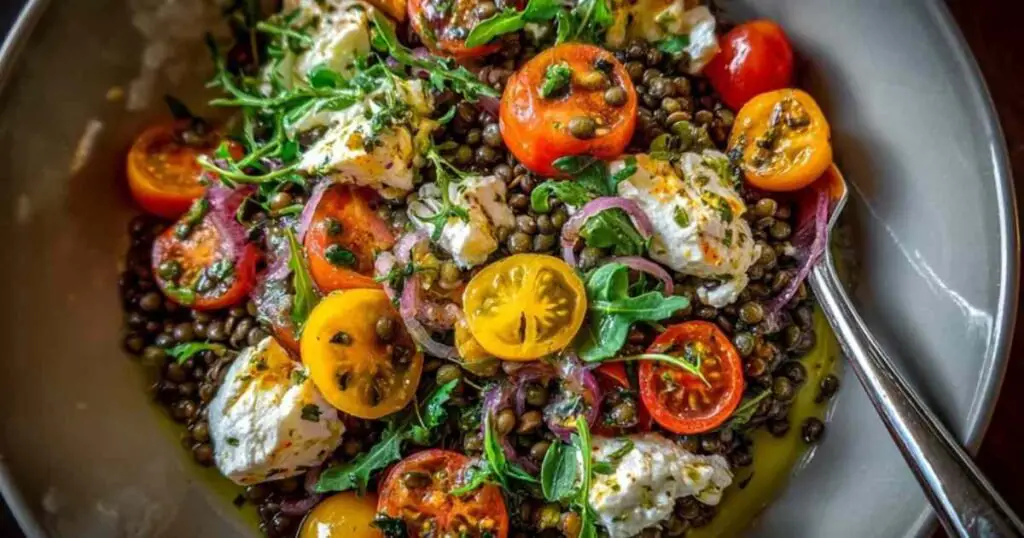 Salade de lentilles vertes 1 Ajout de la vinaigrette au miel et balsamique sur la salade de lentilles vertes.
