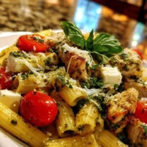 Salade de pâtes au pesto et poulet 3 Salade de pâtes au pesto et poulet servie dans un grand plat blanc, garnie de basilic frais.