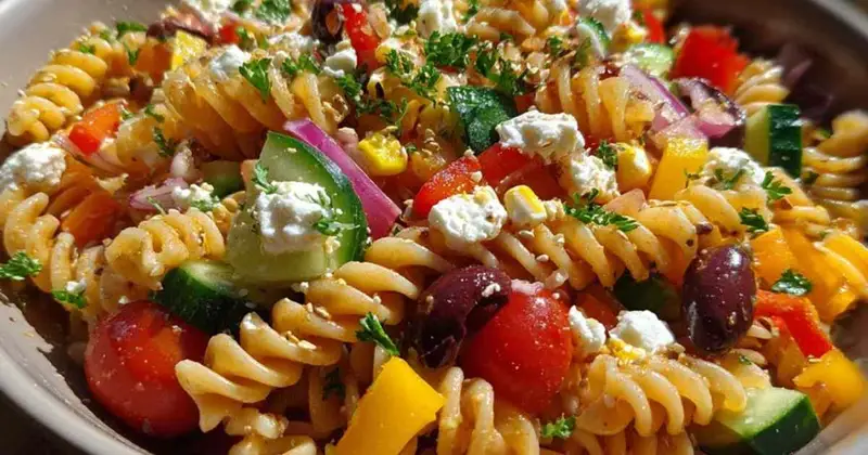 Salade de pâtes colorée festive servie dans un grand saladier blanc, vue de dessus.