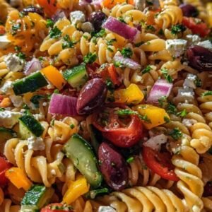 Salade de Pâtes Colorée Facile 3 Gros plan sur une portion de salade de pâtes colorée dans une assiette, avec une fourchette.