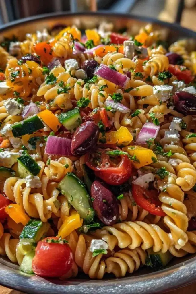 Salade de Pâtes Colorée Facile 2 Gros plan sur une portion de salade de pâtes colorée dans une assiette, avec une fourchette.