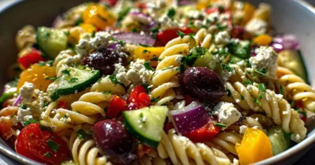Salade de Pâtes Colorée Facile 1 Les ingrédients pour la salade de pâtes colorée disposés sur un plan de travail en bois.