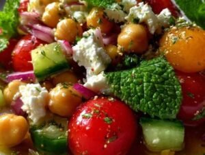 Salade de pois chiches, feta, tomates cerises et concombre dans un grand saladier blanc, garnie de menthe fraîche.