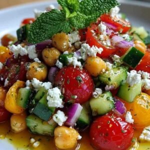 Ingrédients frais pour la salade de pois chiches feta disposés sur un plan de travail en bois.