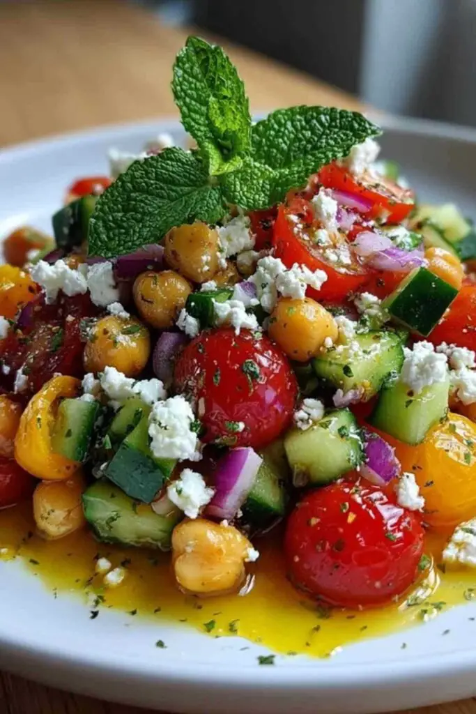 Ingrédients frais pour la salade de pois chiches feta disposés sur un plan de travail en bois.