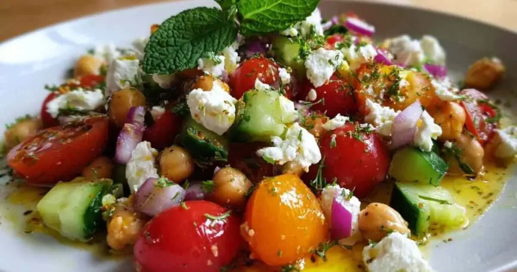Vinaigrette au citron et à l'origan versée sur la salade de pois chiches.