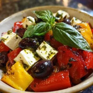 Salade de Poivrons Rôtis et Mozzarella 3 Salade colorée de poivrons rôtis, mozzarella en dés et olives noires dans un plat de service blanc, garnie de basilic.