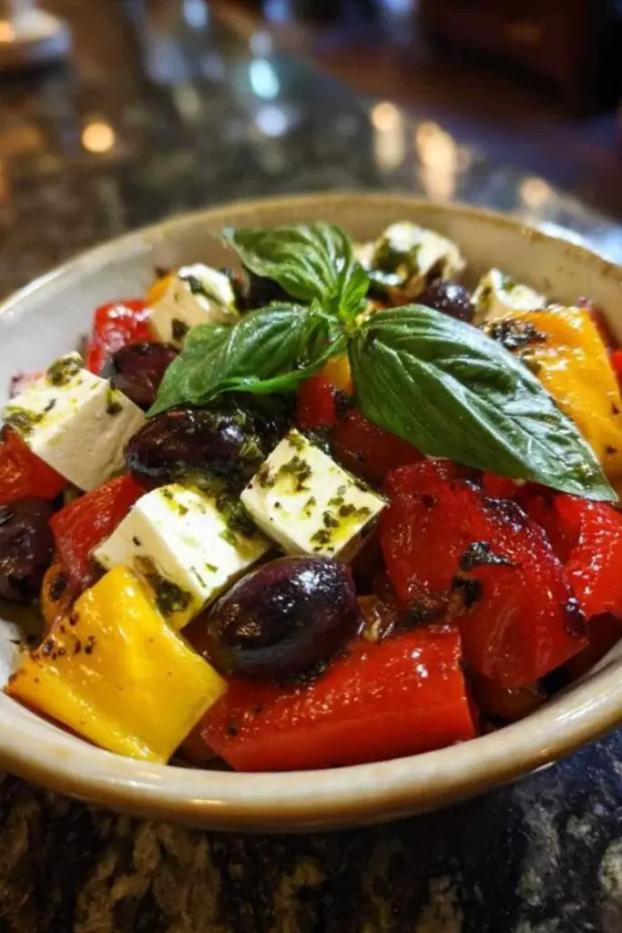Salade de Poivrons Rôtis et Mozzarella 2 Salade colorée de poivrons rôtis, mozzarella en dés et olives noires dans un plat de service blanc, garnie de basilic.