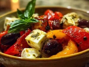 Ingrédients pour la salade de poivrons : poivrons rouges et jaunes frais, boule de mozzarella, olives, ail et basilic.