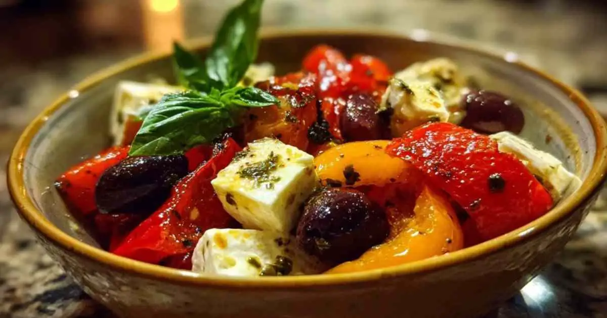 Ingrédients pour la salade de poivrons : poivrons rouges et jaunes frais, boule de mozzarella, olives, ail et basilic.
