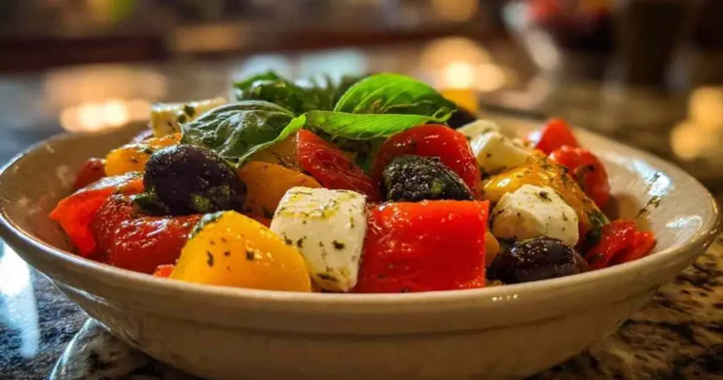 Salade de Poivrons Rôtis et Mozzarella 1 Moitiés de poivrons rouges et jaunes en train de rôtir sur une plaque de cuisson dans un four.