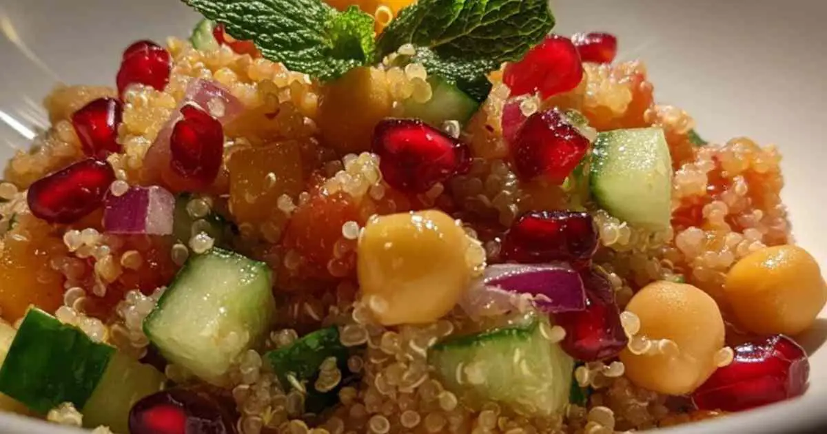 Salade de quinoa, pois chiches et grenade colorée dans un grand saladier blanc, garnie de menthe fraîche.
