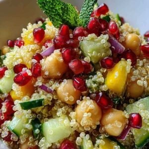 Salade Quinoa Pois Chiches Grenade 3 Gros plan sur les ingrédients frais de la salade : quinoa, pois chiches, grenade, concombre, poivron et menthe.