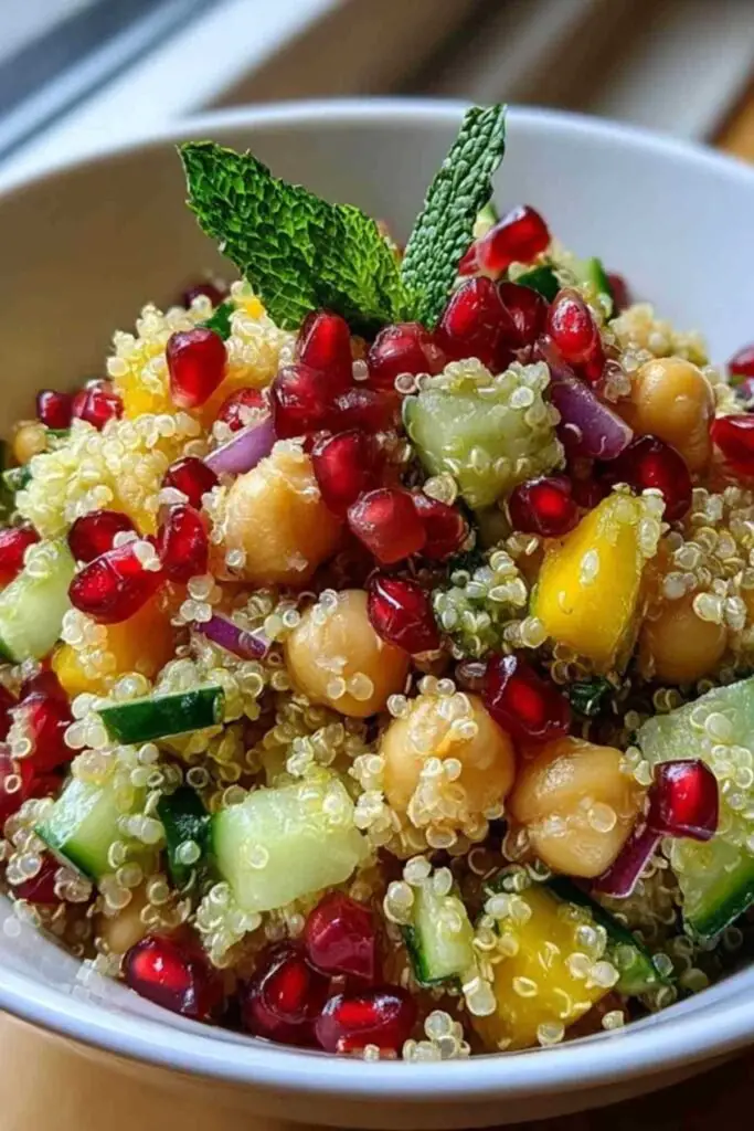 Salade Quinoa Pois Chiches Grenade 2 Gros plan sur les ingrédients frais de la salade : quinoa, pois chiches, grenade, concombre, poivron et menthe.
