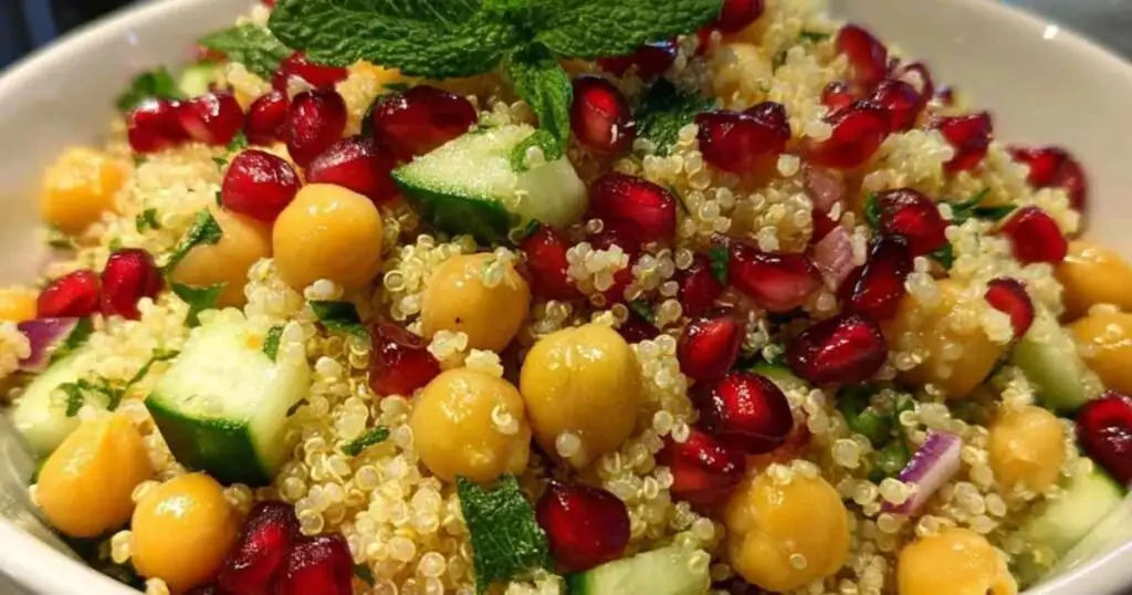 Salade Quinoa Pois Chiches Grenade 1 Portion individuelle de la salade de quinoa et pois chiches servie dans une assiette creuse avec une fourchette.