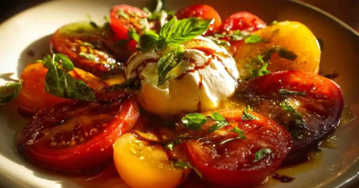 Salade de tomates anciennes colorées et burrata crémeuse dressée sur un plat de service blanc, arrosée de vinaigrette balsamique.