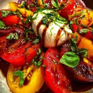 Salade Tomates Anciennes et Burrata 3 Ingrédients pour la salade de tomates et burrata : tomates anciennes variées, burrata, huile d'olive, vinaigre balsamique et basilic.