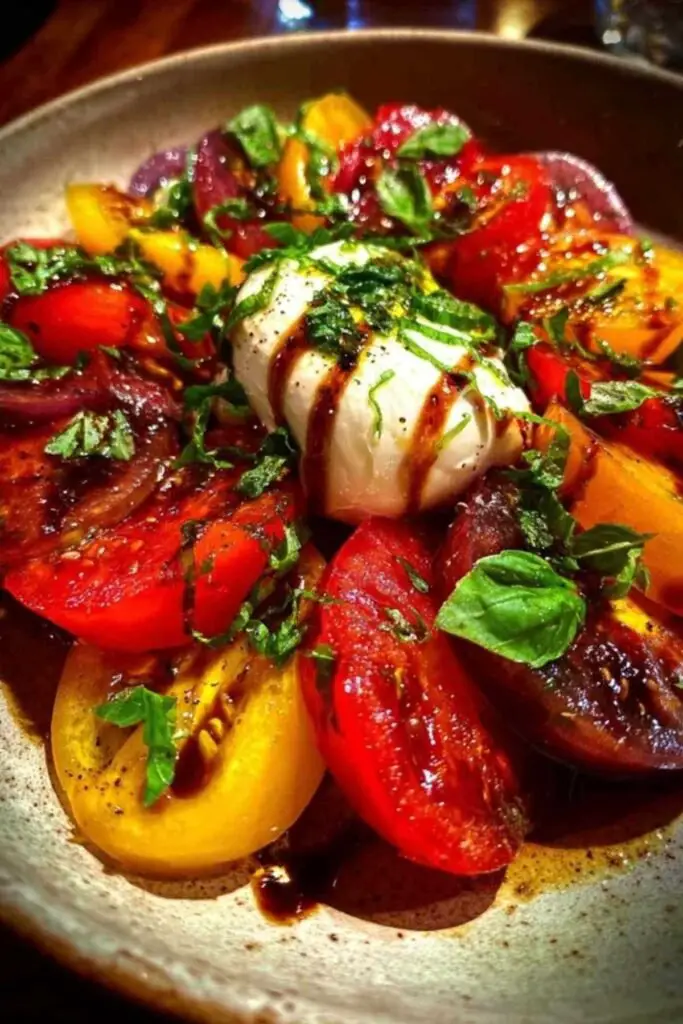 Salade Tomates Anciennes et Burrata 2 Ingrédients pour la salade de tomates et burrata : tomates anciennes variées, burrata, huile d'olive, vinaigre balsamique et basilic.