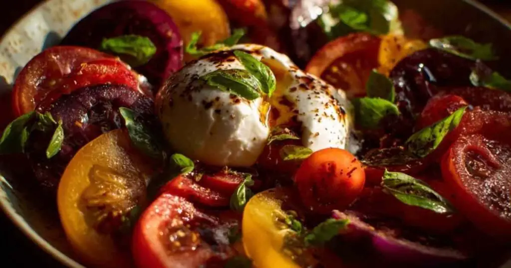 Salade Tomates Anciennes et Burrata 1 Gros plan sur le cœur crémeux de la burrata qui s'écoule sur les tranches de tomates.
