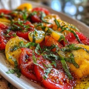 Salade de Tomates Variées 3 Ingrédients pour la salade de tomates variées : tomates anciennes colorées, huile d'olive, vinaigre balsamique et basilic frais.