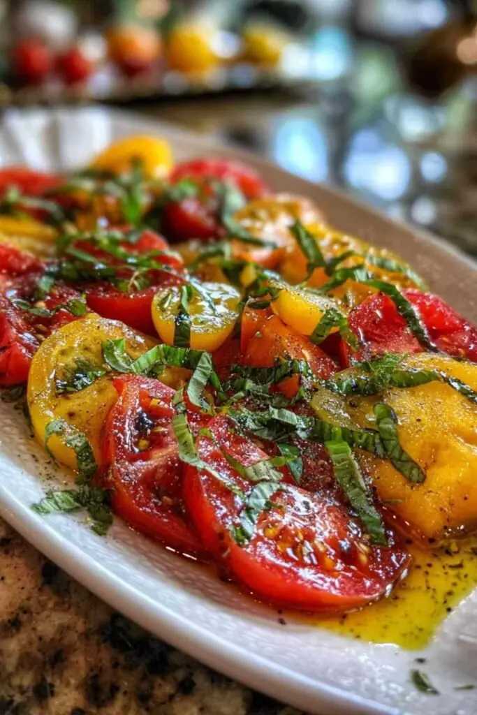 Salade de Tomates Variées 2 Ingrédients pour la salade de tomates variées : tomates anciennes colorées, huile d'olive, vinaigre balsamique et basilic frais.