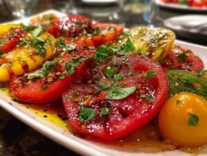 Plat de service final de la salade de tomates variées, assaisonnée et garnie de basilic.